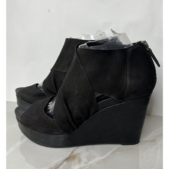Eileen Fisher Gray Suede Draped Open Toe Sandals Platform Wedges Heels Size 8.5